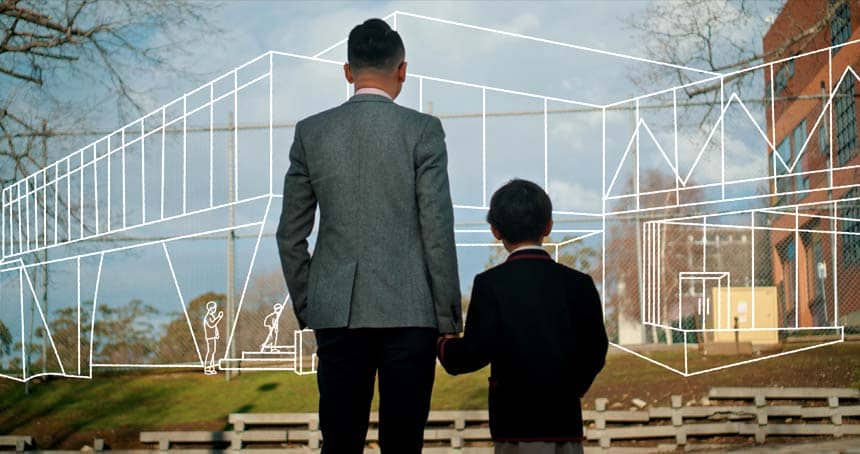 Promotional videos for schools - father and son looking at future school building