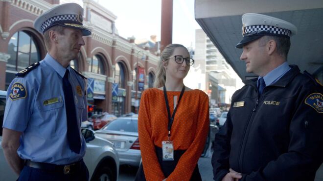 Social Awareness Campaign, White Ribbon, Tas Police Staff Talking in Hobart
